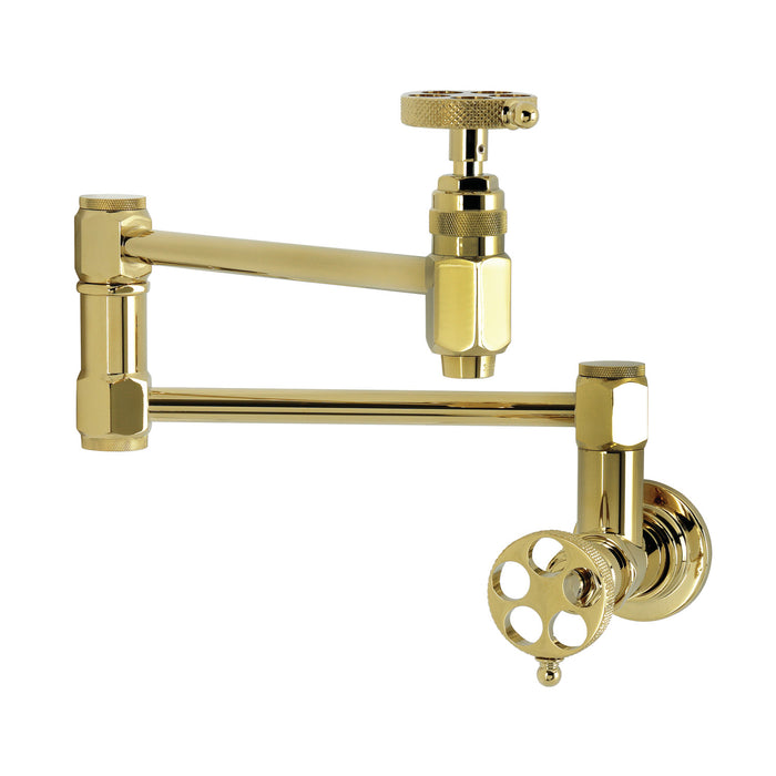 Kingston Sona KS5102RKX - Webb Two-Handle 1-Hole Wall Mount Pot Filler Faucet with Knurled Handle, Polished Brass