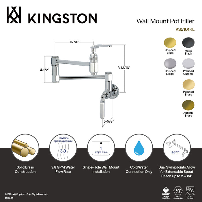 Kingston Sona KS5103KL - Whitaker Two-Handle 1-Hole Wall Mount Pot Filler Faucet, Antique Brass