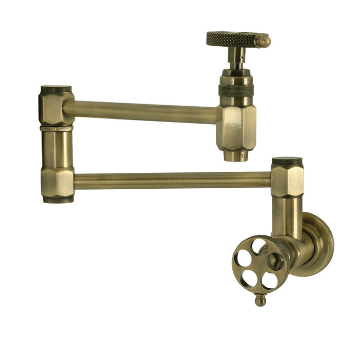 Kingston Sona KS5103RKX - Webb Two-Handle 1-Hole Wall Mount Pot Filler Faucet with Knurled Handle, Antique Brass