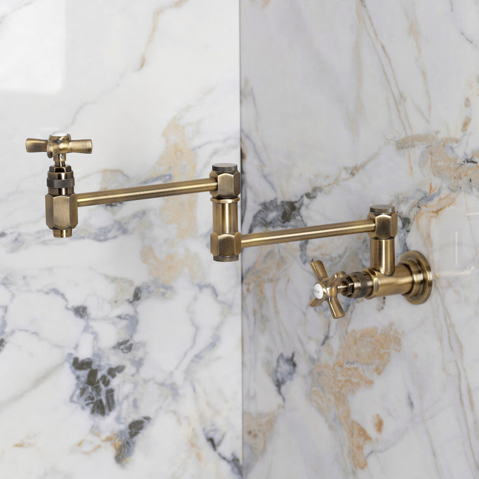 Kingston Millennium KS5103ZX Two-Handle 1-Hole Wall Mount Pot Filler Faucet, Antique Brass