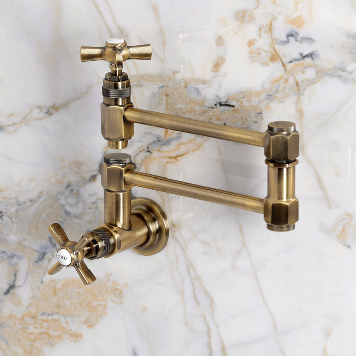 Kingston Millennium KS5103ZX Two-Handle 1-Hole Wall Mount Pot Filler Faucet, Antique Brass