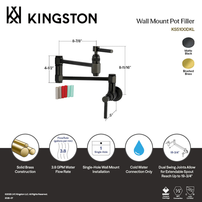 Kingston Sona KS5107DKL - Kaiser Two-Handle 1-Hole Wall Mount Pot Filler Faucet, Brushed Brass