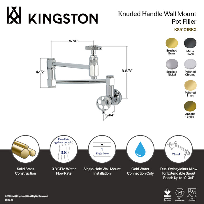 Kingston Sona KS5107RKX - Webb Two-Handle 1-Hole Wall Mount Pot Filler Faucet with Knurled Handle, Brushed Brass