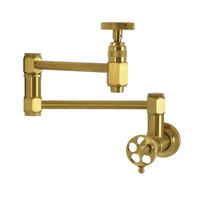 Kingston Sona KS5107RKX - Webb Two-Handle 1-Hole Wall Mount Pot Filler Faucet with Knurled Handle, Brushed Brass