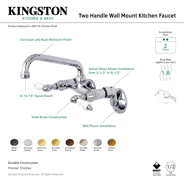Kingston KS513MB Double-Handle 2-Hole Wall-Mount Bridge Kitchen Faucet, Matte Black