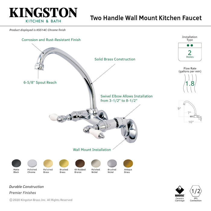 Kingston Heirloom KS514AB - Kingston Two-Handle 2-Hole Wall Mount Bridge Kitchen Faucet, Antique Brass