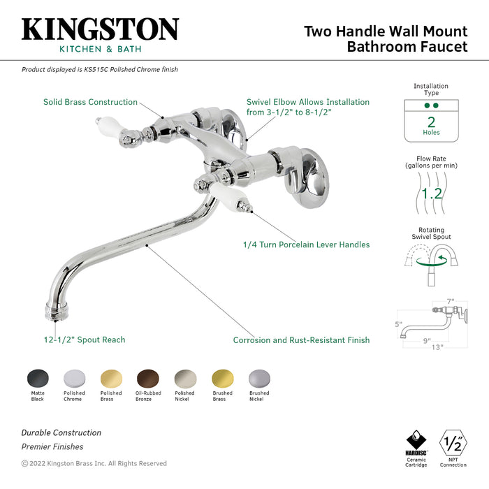 Kingston Heirloom KS515PN - Kingston Double-Handle 2-Hole Wall Mount Bathroom Faucet, Polished Nickel
