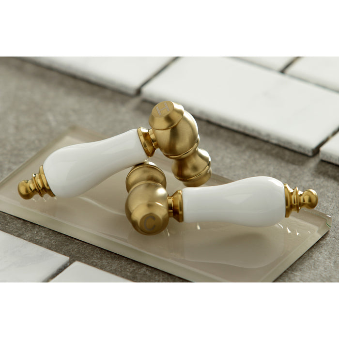 Kingston Heirloom KS515SB - Kingston Double-Handle 2-Hole Wall Mount Bathroom Faucet, Brushed Brass