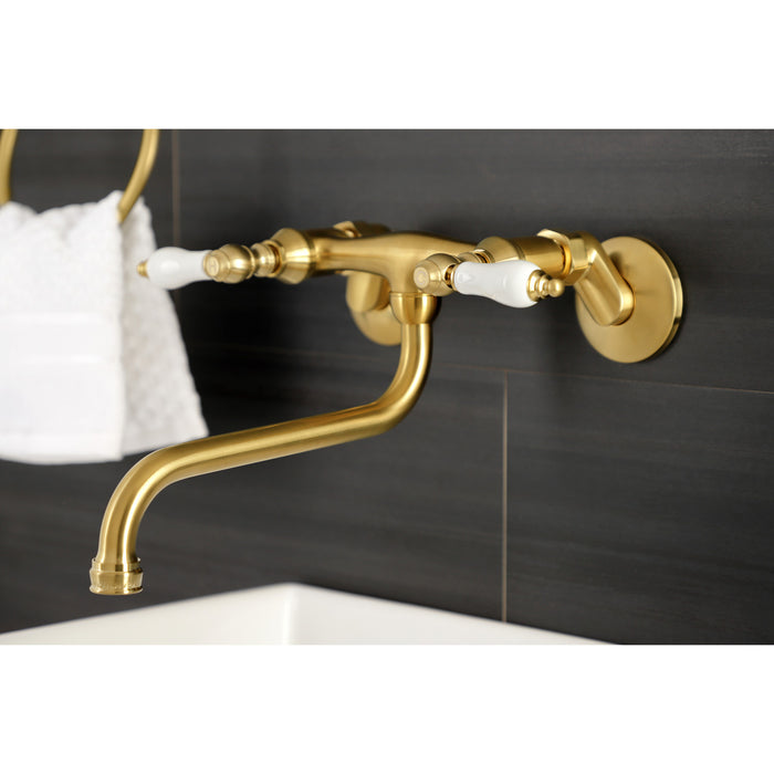 Kingston Heirloom KS515SB - Kingston Double-Handle 2-Hole Wall Mount Bathroom Faucet, Brushed Brass