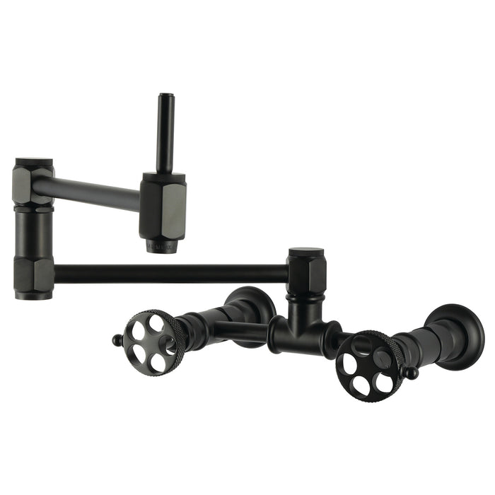 Kingston Webb KS5200RKX Two-Handle 1-Hole Wall Mount Pot Filler Faucet with Knurled Handle, Matte Black