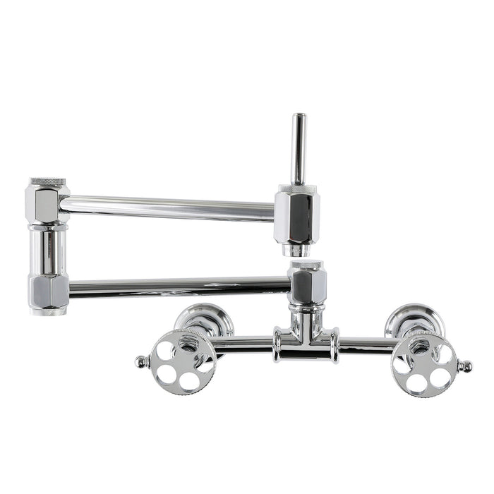 Kingston Webb KS5201RKX Two-Handle 1-Hole Wall Mount Pot Filler Faucet with Knurled Handle, Polished Chrome