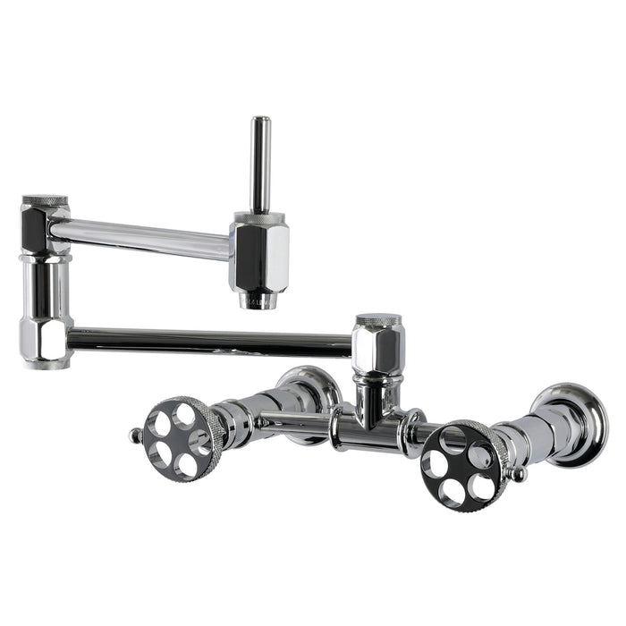 Kingston Webb KS5201RKX Two-Handle 1-Hole Wall Mount Pot Filler Faucet with Knurled Handle, Polished Chrome