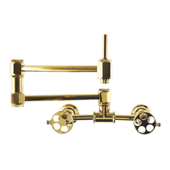Kingston Webb KS5202RKX Two-Handle 1-Hole Wall Mount Pot Filler Faucet with Knurled Handle, Polished Brass