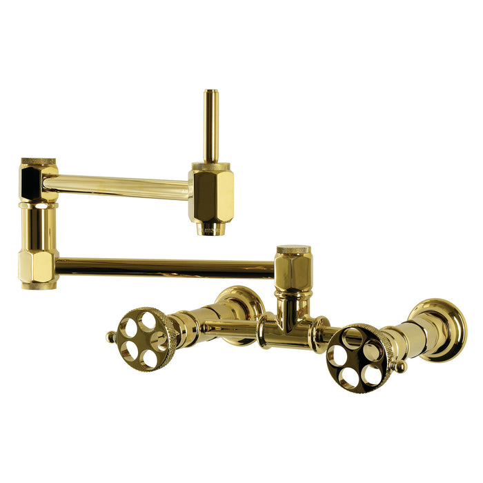 Kingston Webb KS5202RKX Two-Handle 1-Hole Wall Mount Pot Filler Faucet with Knurled Handle, Polished Brass