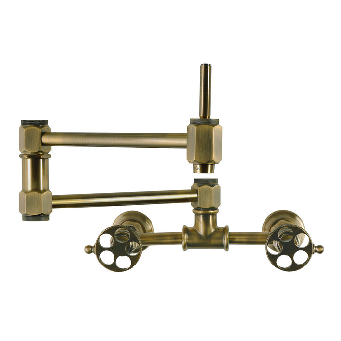 Kingston Webb KS5203RKX Two-Handle 1-Hole Wall Mount Pot Filler Faucet with Knurled Handle, Antique Brass