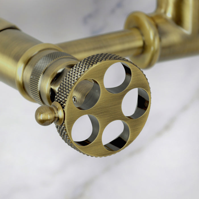 Kingston Webb KS5203RKX Two-Handle 2-Hole Wall Mount Pot Filler Faucet with Knurled Handle, Antique Brass