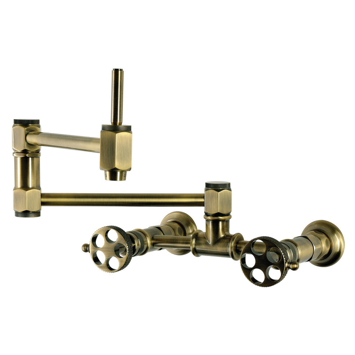 Kingston Webb KS5203RKX Two-Handle 1-Hole Wall Mount Pot Filler Faucet with Knurled Handle, Antique Brass