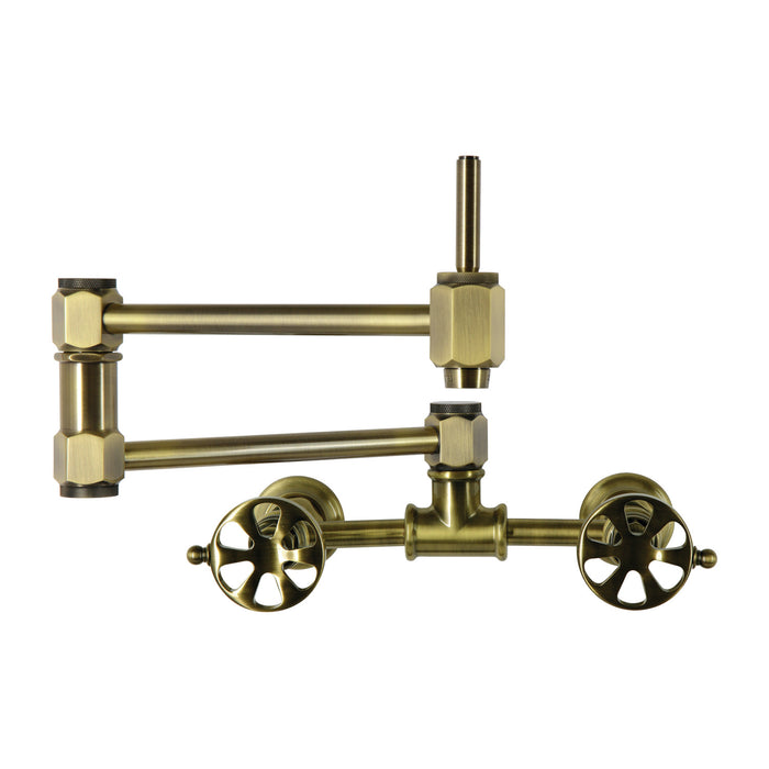 Kingston Belknap KS5203RX Two-Handle 2-Hole Wall Mount Pot Filler Faucet, Antique Brass