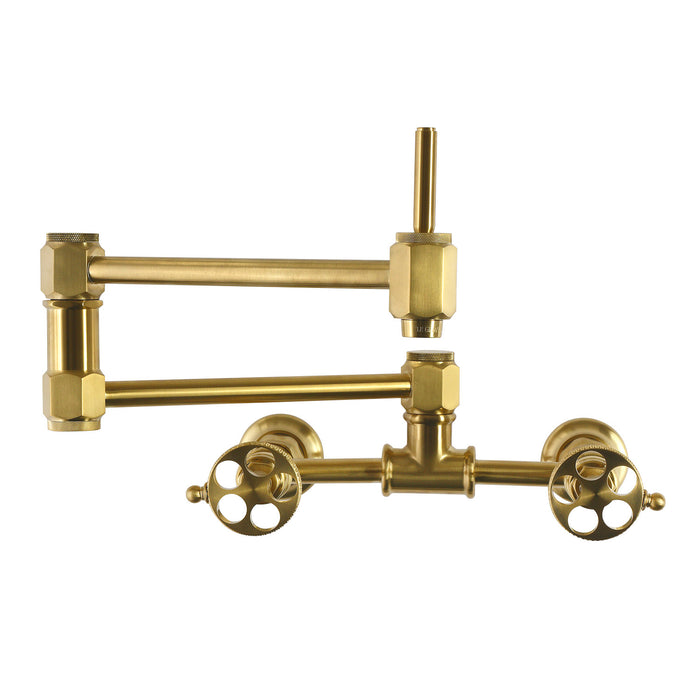 Kingston Webb KS5207RKX Two-Handle 1-Hole Wall Mount Pot Filler Faucet with Knurled Handle, Brushed Brass