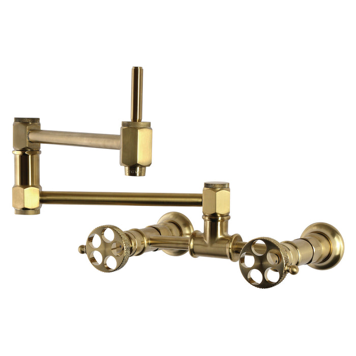 Kingston Webb KS5207RKX Two-Handle 1-Hole Wall Mount Pot Filler Faucet with Knurled Handle, Brushed Brass