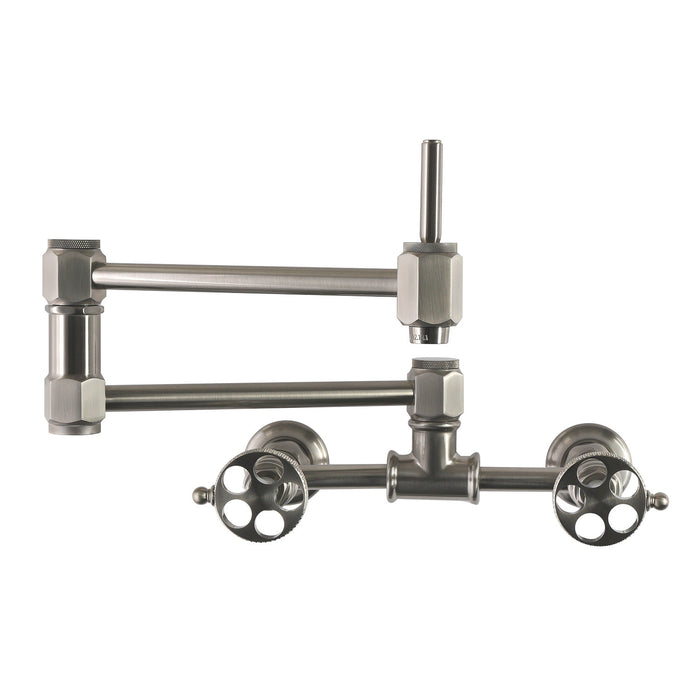 Kingston Webb KS5208RKX Two-Handle 1-Hole Wall Mount Pot Filler Faucet with Knurled Handle, Brushed Nickel