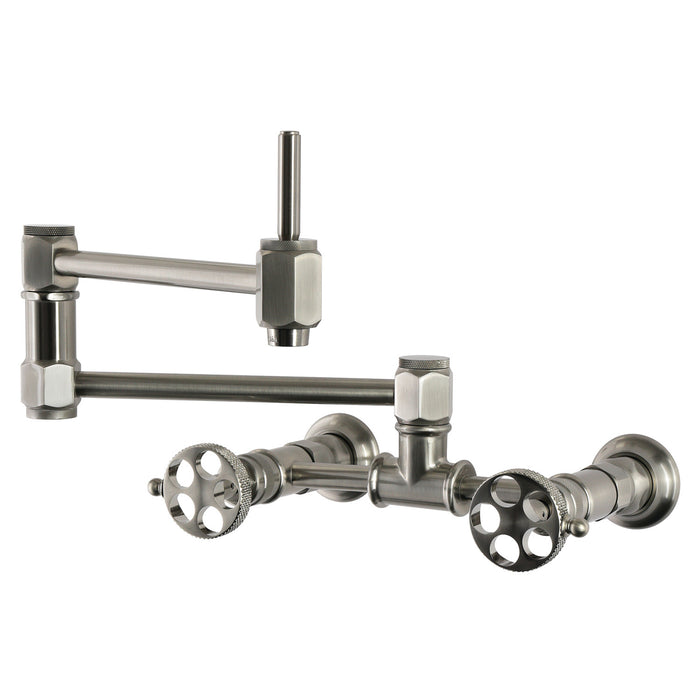 Kingston Webb KS5208RKX Two-Handle 1-Hole Wall Mount Pot Filler Faucet with Knurled Handle, Brushed Nickel