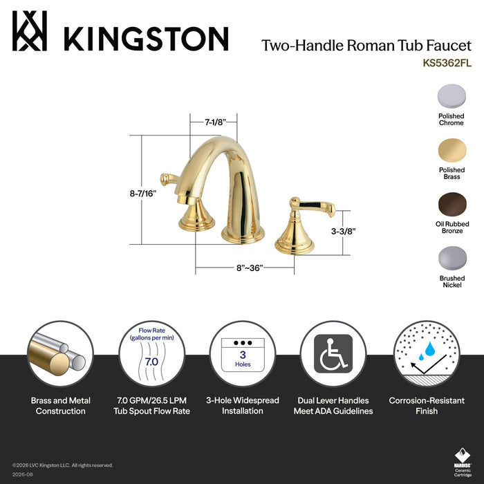 Kingston Tulare KS5361FL - Royale Two-Handle 3-Hole Deck Mount Roman Tub Faucet, Polished Chrome