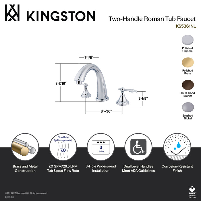 Kingston Tulare KS5361NL - Royale Two-Handle 3-Hole Deck Mount Roman Tub Faucet, Polished Chrome