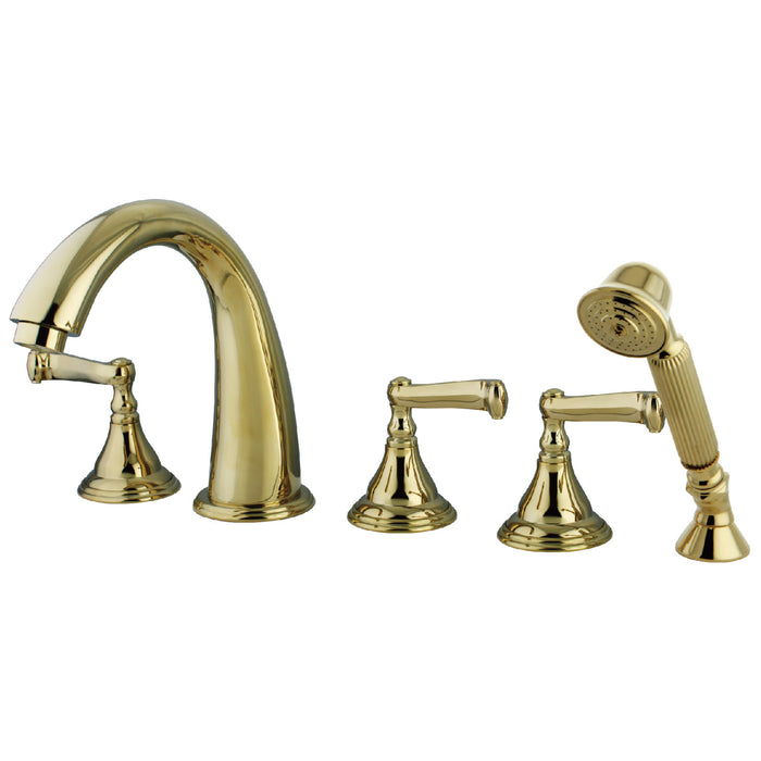 Kingston Tulare KS53625FL - Royale Three-Handle 5-Hole Deck Mount Roman Tub Faucet with Hand Shower, Polished Brass