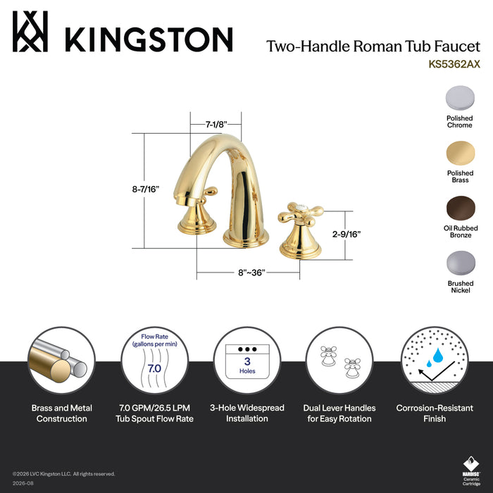 Kingston Tulare KS5362AX - Vintage Two-Handle 3-Hole Deck Mount Roman Tub Faucet, Polished Brass
