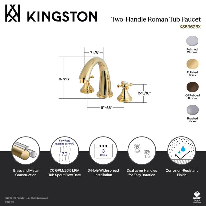 Kingston Tulare KS5362BX - Vintage Two-Handle 3-Hole Deck Mount Roman Tub Faucet, Polished Brass