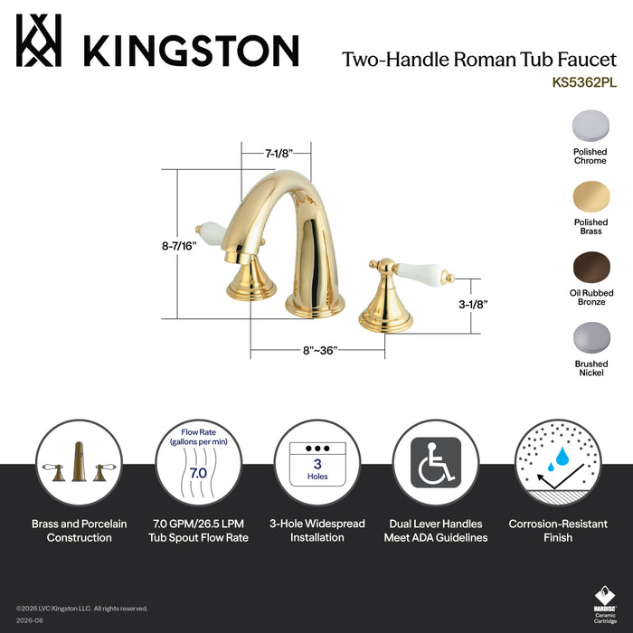 Kingston Tulare KS5362PL - Vintage Two-Handle 3-Hole Deck Mount Roman Tub Faucet, Polished Brass