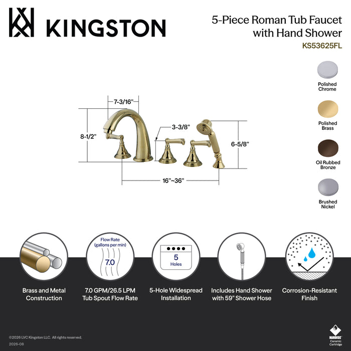 Kingston Tulare KS53655FL - Royale Three-Handle 5-Hole Deck Mount Roman Tub Faucet with Hand Shower, Oil Rubbed Bronze