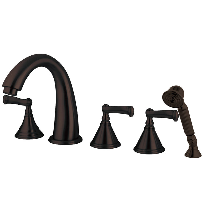 Kingston Tulare KS53655FL - Royale Three-Handle 5-Hole Deck Mount Roman Tub Faucet with Hand Shower, Oil Rubbed Bronze