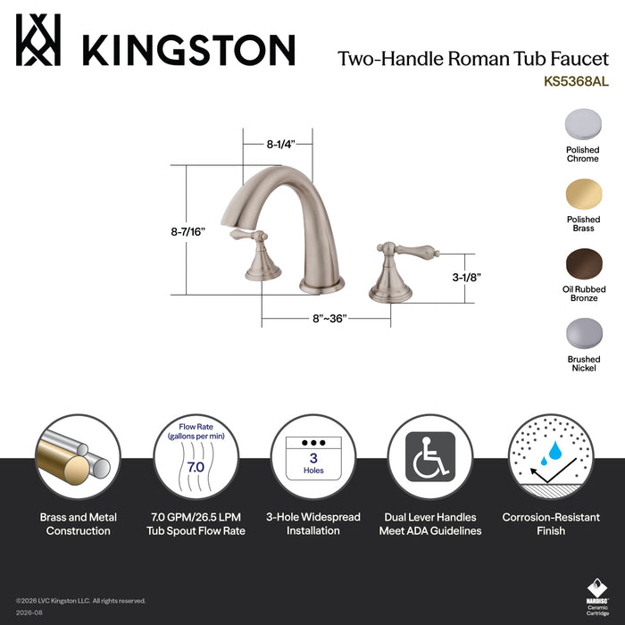Kingston Tulare KS5368AL - Vintage Two-Handle 3-Hole Deck Mount Roman Tub Faucet, Brushed Nickel