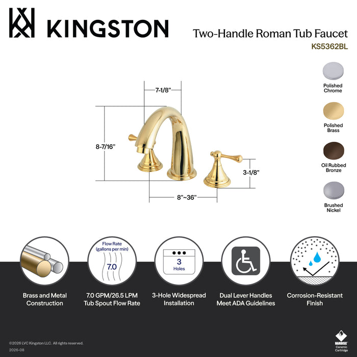 Kingston Tulare KS5368BL - Vintage Two-Handle 3-Hole Deck Mount Roman Tub Faucet, Brushed Nickel