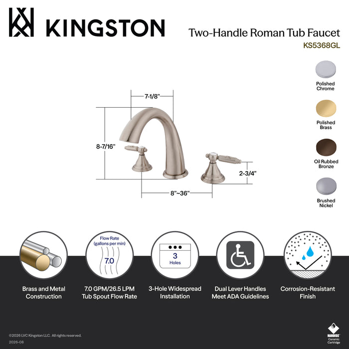 Kingston Tulare KS5368GL - Georgian Two-Handle 3-Hole Deck Mount Roman Tub Faucet, Brushed Nickel