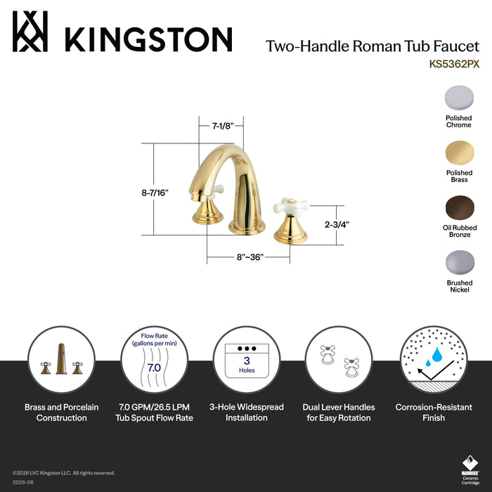 Kingston Tulare KS5368PX - Royale Two-Handle 3-Hole Deck Mount Roman Tub Faucet, Brushed Nickel