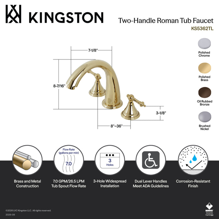 Kingston Tulare KS5368TL - Royale Two-Handle 3-Hole Deck Mount Roman Tub Faucet, Brushed Nickel