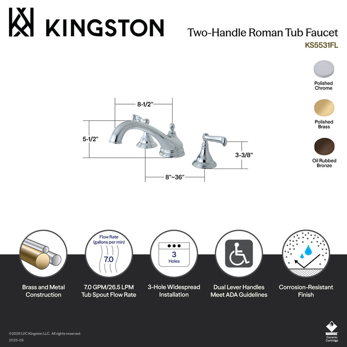 Kingston Tulare KS5531FL - Royale Two-Handle 3-Hole Deck Mount Roman Tub Faucet, Polished Chrome