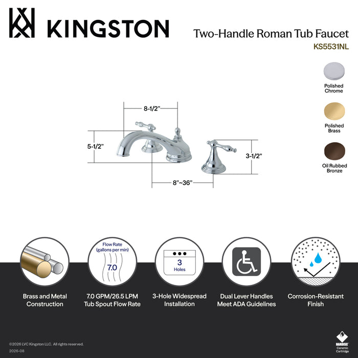 Kingston Tulare KS5531NL - Naples Two-Handle 3-Hole Deck Mount Roman Tub Faucet, Polished Chrome