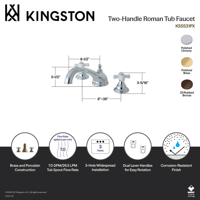Kingston Heirloom KS5531PX - Vintage Two-Handle 3-Hole Deck Mount Roman Tub Faucet, Polished Chrome