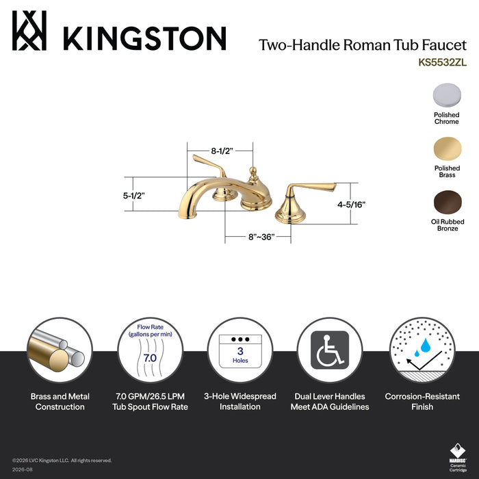 Kingston Tulare KS5531ZL - Silver Sage Two-Handle 3-Hole Deck Mount Roman Tub Faucet, Polished Chrome