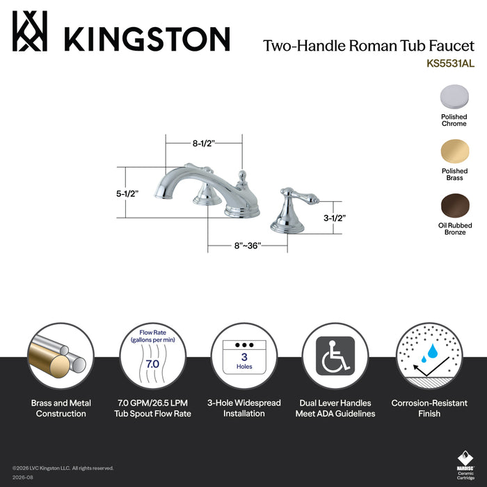 Kingston Heirloom KS5532AL - Vintage Two-Handle 3-Hole Deck Mount Roman Tub Faucet, Polished Brass