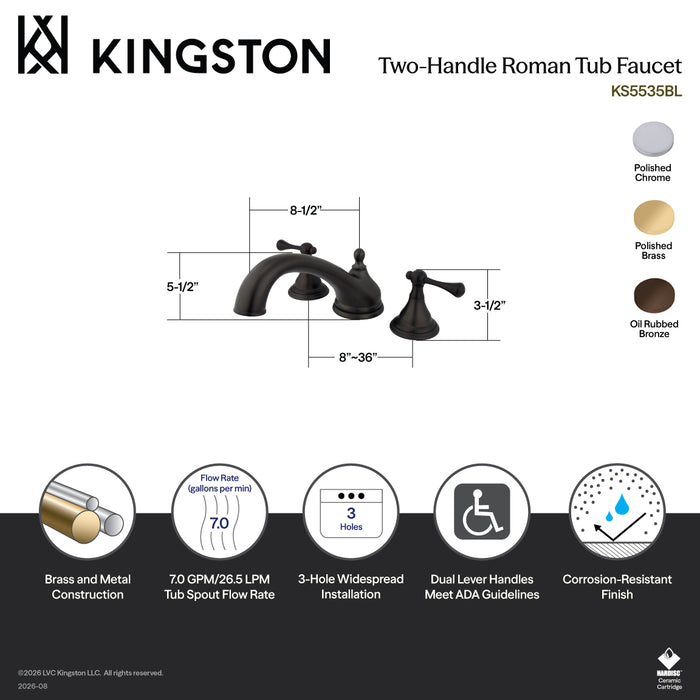 Kingston Tulare KS5532BL - Vintage Two-Handle 3-Hole Deck Mount Roman Tub Faucet, Polished Brass