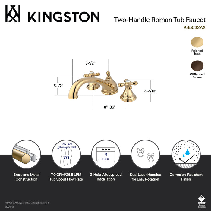 Kingston Heirloom KS5535AX - Vintage Two-Handle 3-Hole Deck Mount Roman Tub Faucet, Oil Rubbed Bronze