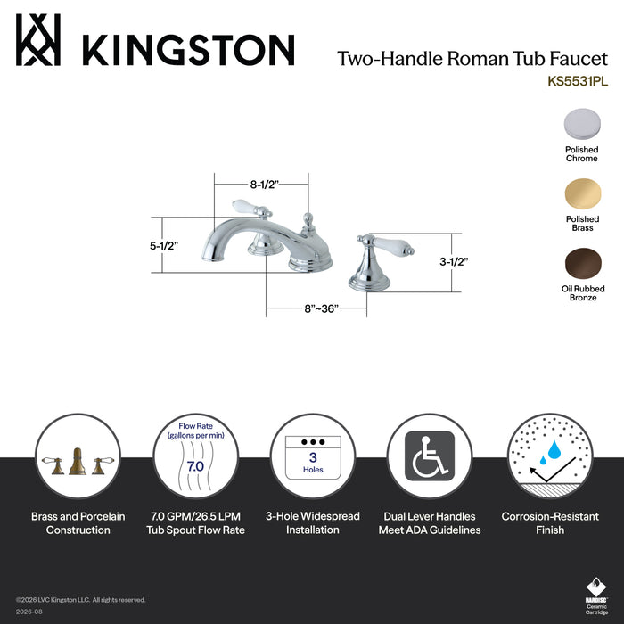Kingston Heirloom KS5535PL - Vintage Two-Handle 3-Hole Deck Mount Roman Tub Faucet, Oil Rubbed Bronze