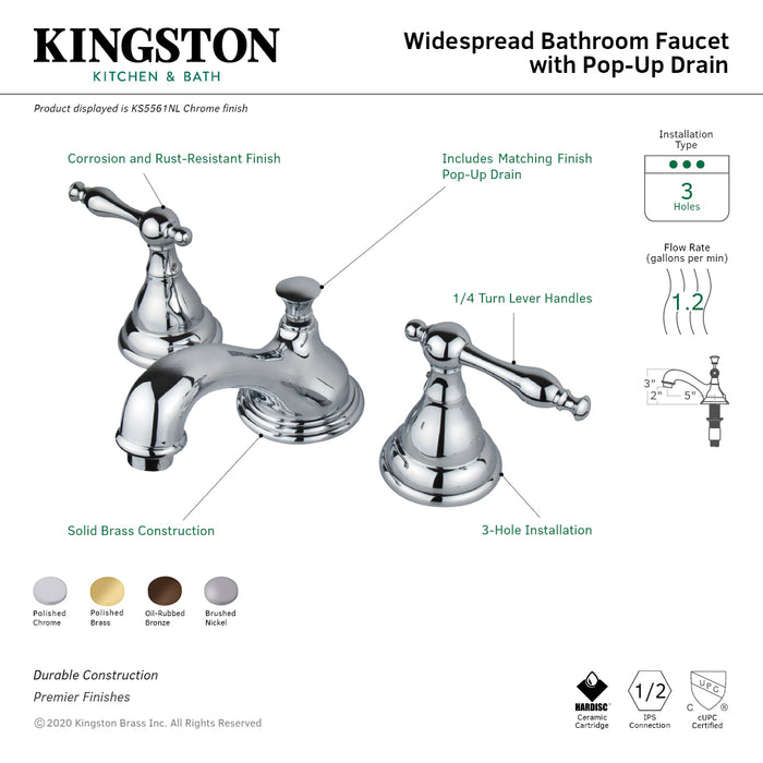 Kingston Tulare KS5561NLTwo-Handle 3-Hole Deck Mount Widespread Bathroom Faucet with Brass Pop-Up, Polished Chrome