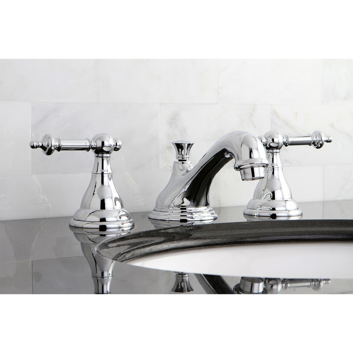 Kingston Heirloom KS5561TLTwo-Handle 3-Hole Deck Mount Widespread Bathroom Faucet with Brass Pop-Up, Polished Chrome