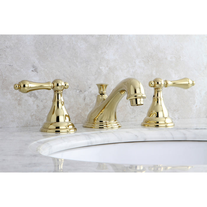 Kingston Heirloom KS5562ALTwo-Handle 3-Hole Deck Mount Widespread Bathroom Faucet with Brass Pop-Up, Polished Brass